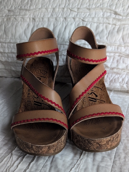 Blowfish Shoes - Blowfish Tan leather Wedge Sandals with Red Trim